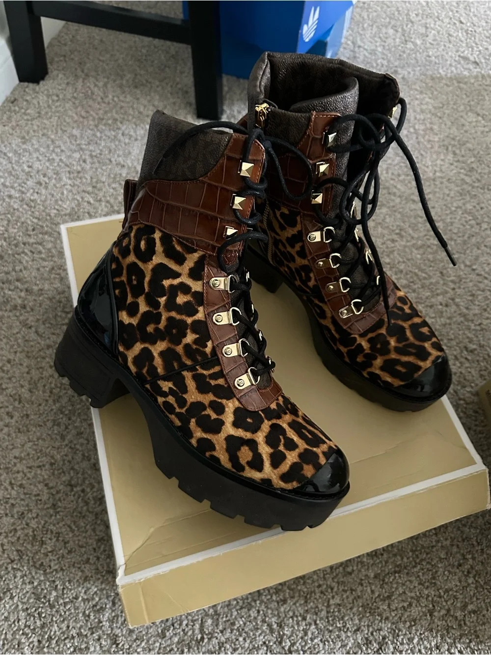 Michael Kors Women Leopard Print Lace-Up Combat Boots - Brown